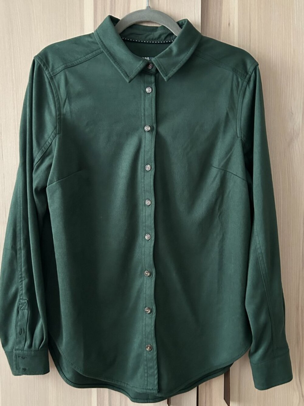 Pilcro Anthropologie button down top Faux Suede Hunter Green Size M EUC